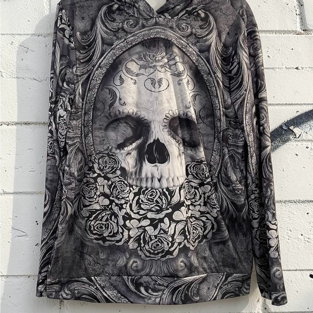 Ranlege Skull Rose Hoodie Top Large Gothic Grunge Dark Academia Y2K